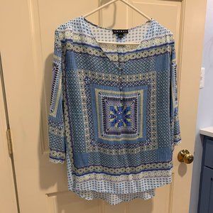Tribal Blue and White Geo pattern Blouse - Size L